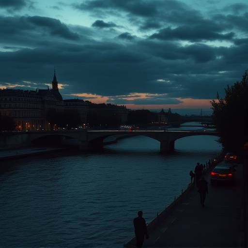 Affiche de la série 'Larmes de la Seine', montrant une vue mélancolique du fleuve avec des silhouettes parisiennes.
