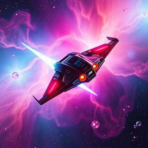 Affiche de la série Étoiles Lointaines montrant un vaisseau spatial voyageant à travers une nébuleuse colorée