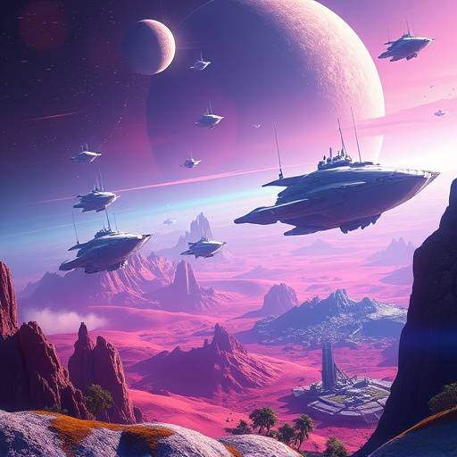 Image représentant un paysage futuriste avec des vaisseaux spatiaux